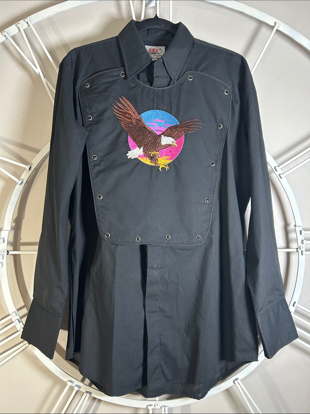 Vintage 1980s/1990s Rare Ely Diamond Embroidered Eagle Western Bib Front Shirt